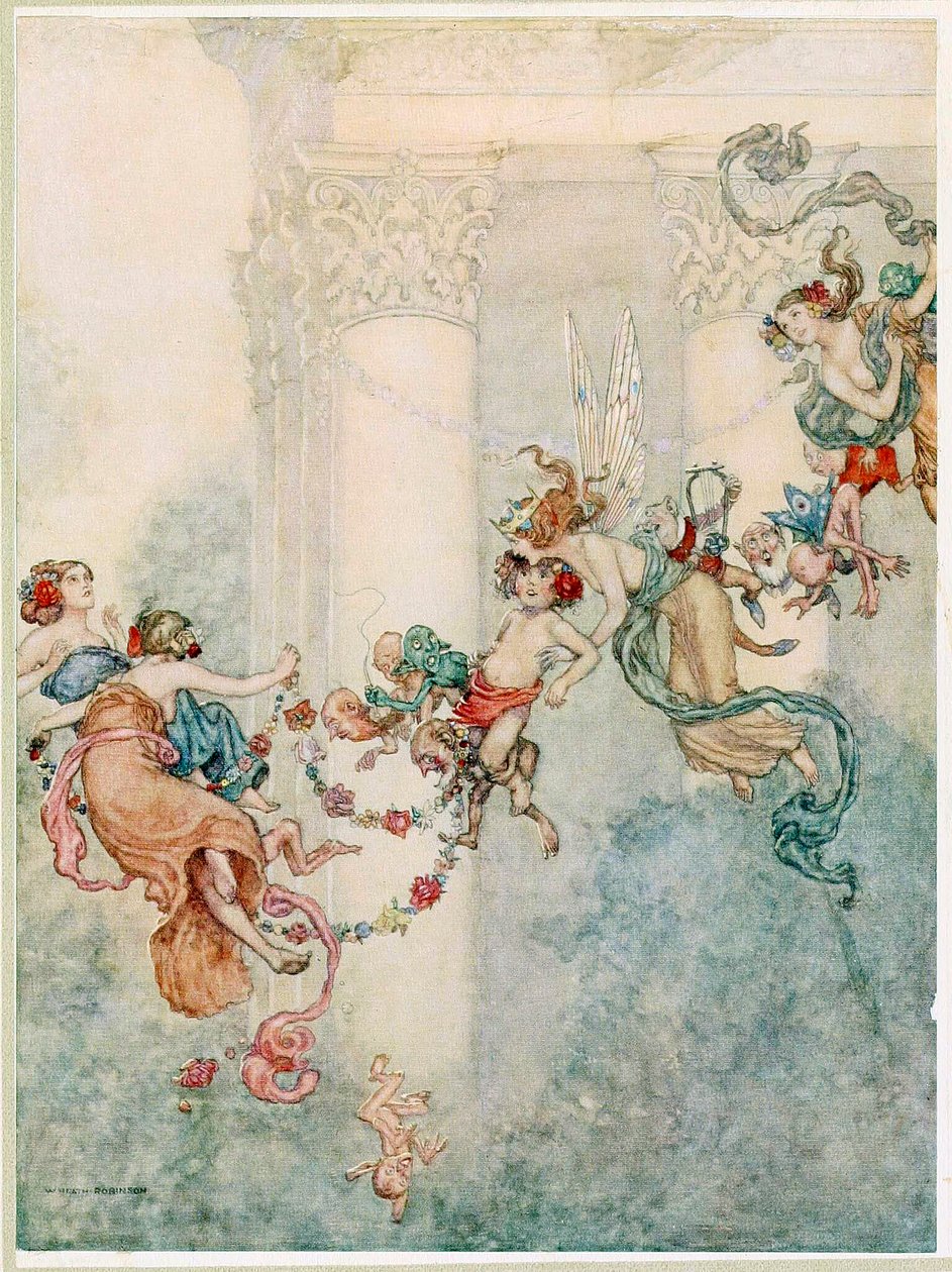 Puck: Hon har aldrig haft en så söt byte, från A Midsummer Nights Dream, pub. 1914. av Wiliam Heath Robinson