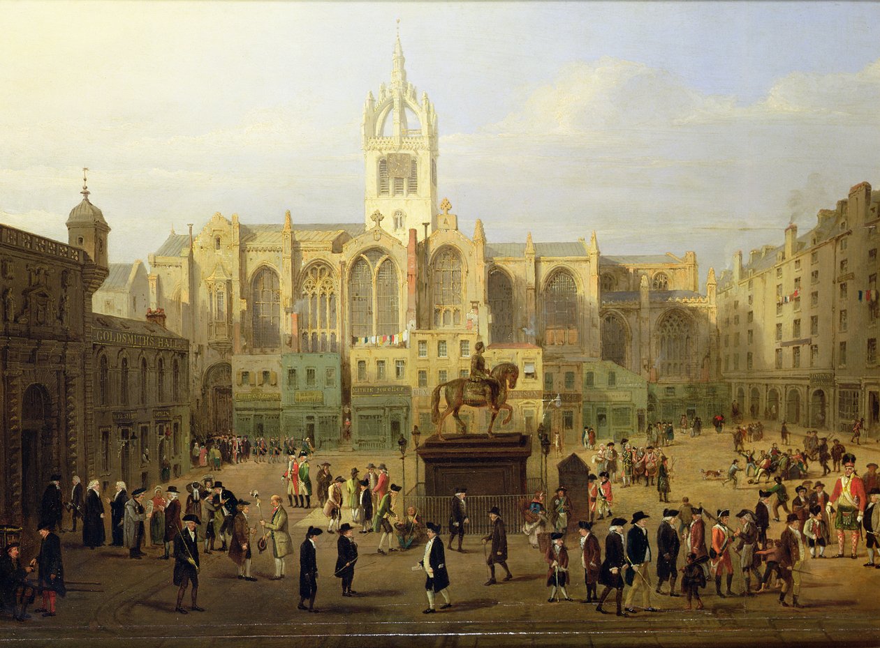The Parliament Close and Public Figures of Edinburgh, om slutet av 1700-talet av Wilkie, Nasmyth and Stanfield Roberts