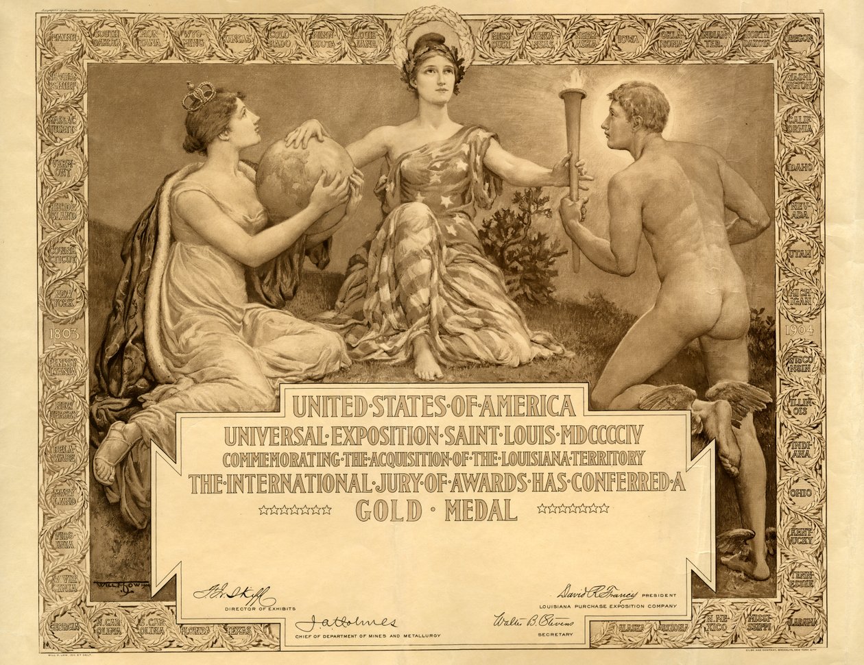 Louisiana Purchase Exposition blankt guldmedaljcertifikat, 1904 av Will H. Low
