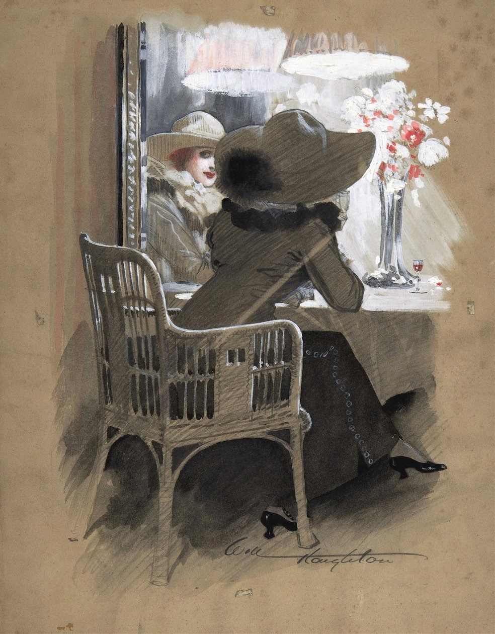Porträtt av en kvinna som sitter vid ett bord, ca 1896 (akvarell, vitt och rött tempera över grafit) av Will Houghton