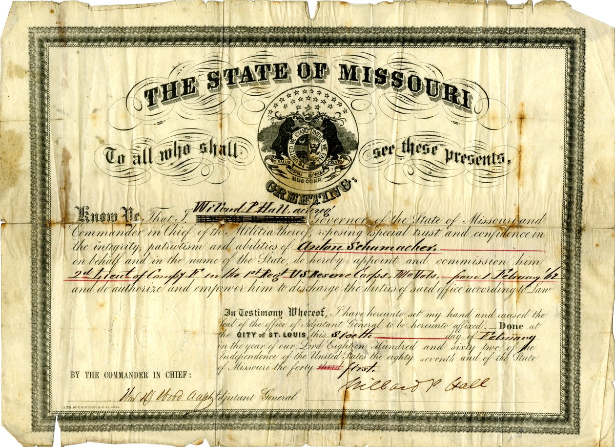 Militärkommission av Anton Schumacher som 2:e löjtnant för kompani F i 1:a regementet U.S.R.C., Missouri Volunteers, 6 februari 1862 av Willard P. Hall