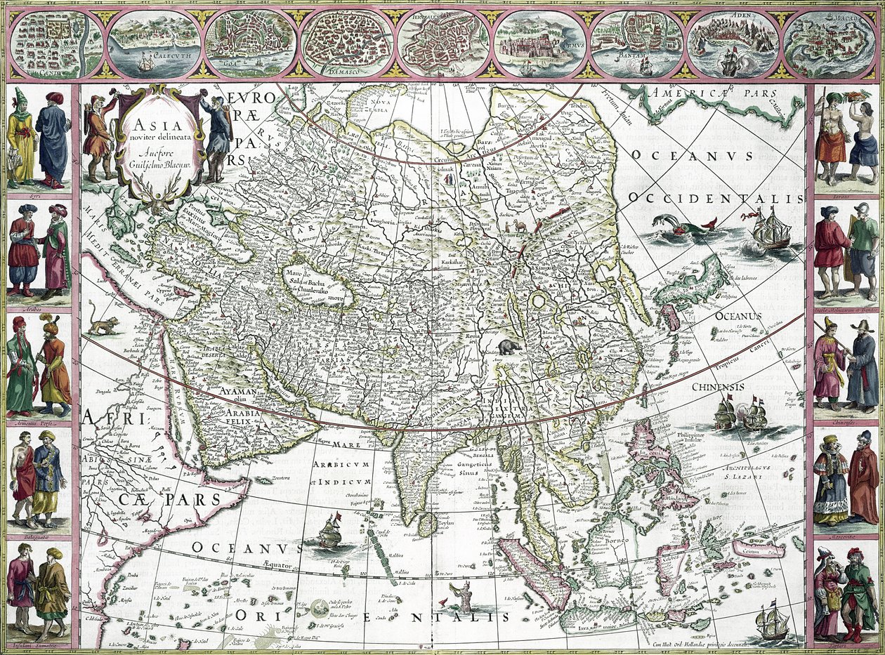 Asien nyligen avgränsat, 1617 (färggravyr) av Willem Janszoon Blaeu
