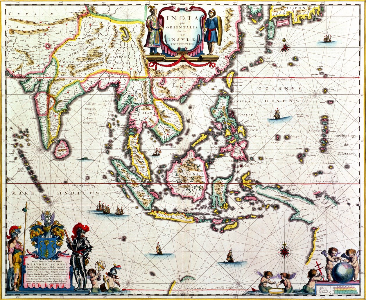 Karta som visar Sydostasien och Ostindien, publicerad, Amsterdam, ca 1635 (handfärgad gravyr) av Willem Janszoon Blaeu