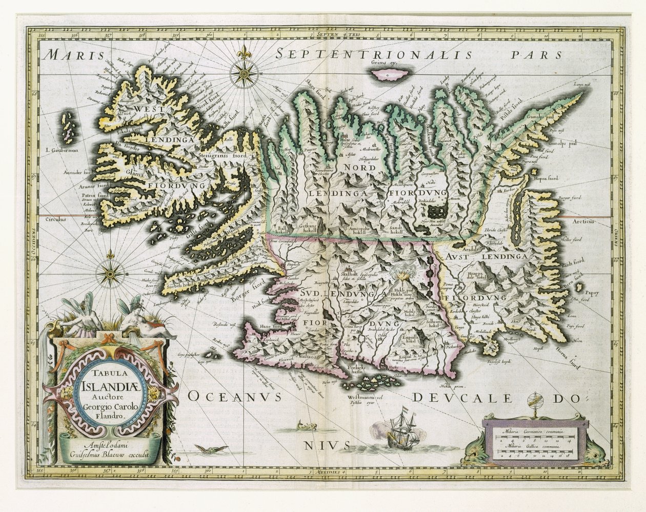 Karta över Island (färggravyr) av Willem Janszoon Blaeu