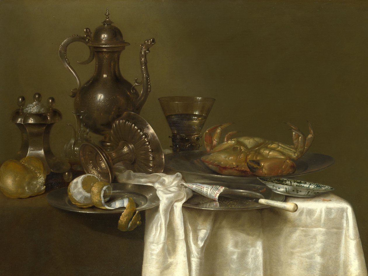 Stilleben: Tenn och silverkärl och en krabba, c.1633-37 av Willem Claesz. Heda