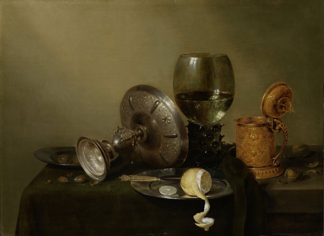 Stilleben med förgylld ölbehållare av Willem Claesz. Heda
