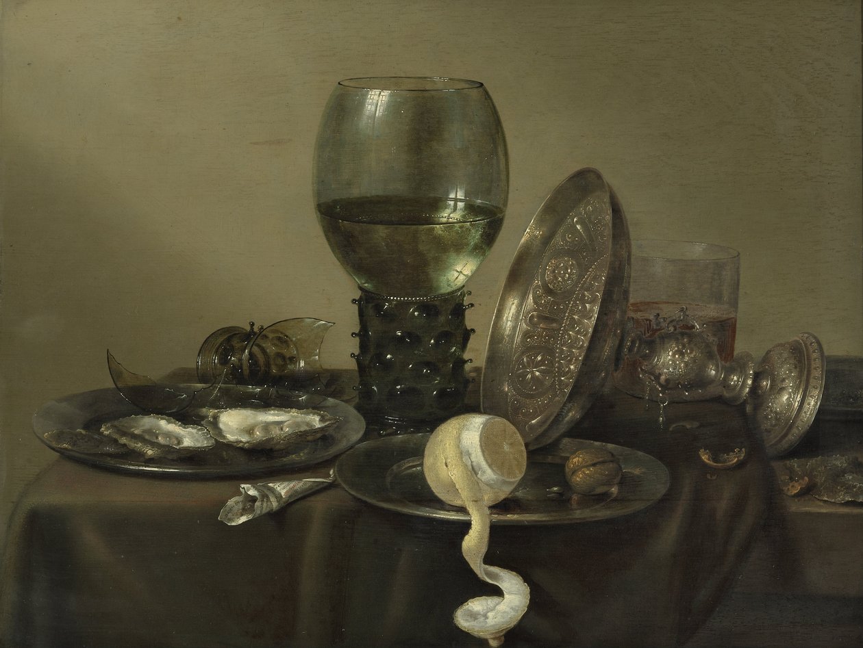 Stilleben med ostron, en Rummer, en citron och en silverskål av Willem Claesz. Heda