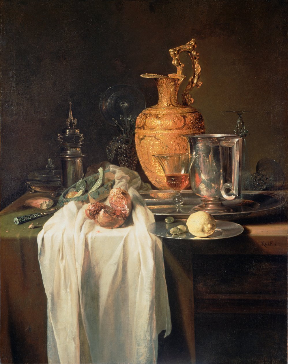 Stilleben med kruk, kärl och granatäpple av Willem Kalf
