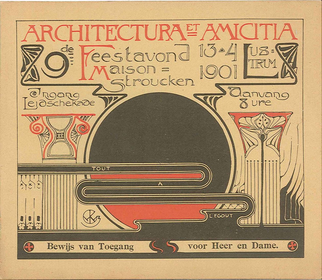Bewijs van toegang voor de feestavond op 13 april 1901 naar aanleiding van het 9de lustrum van Architectura et Amicitia av Willem Kromhout