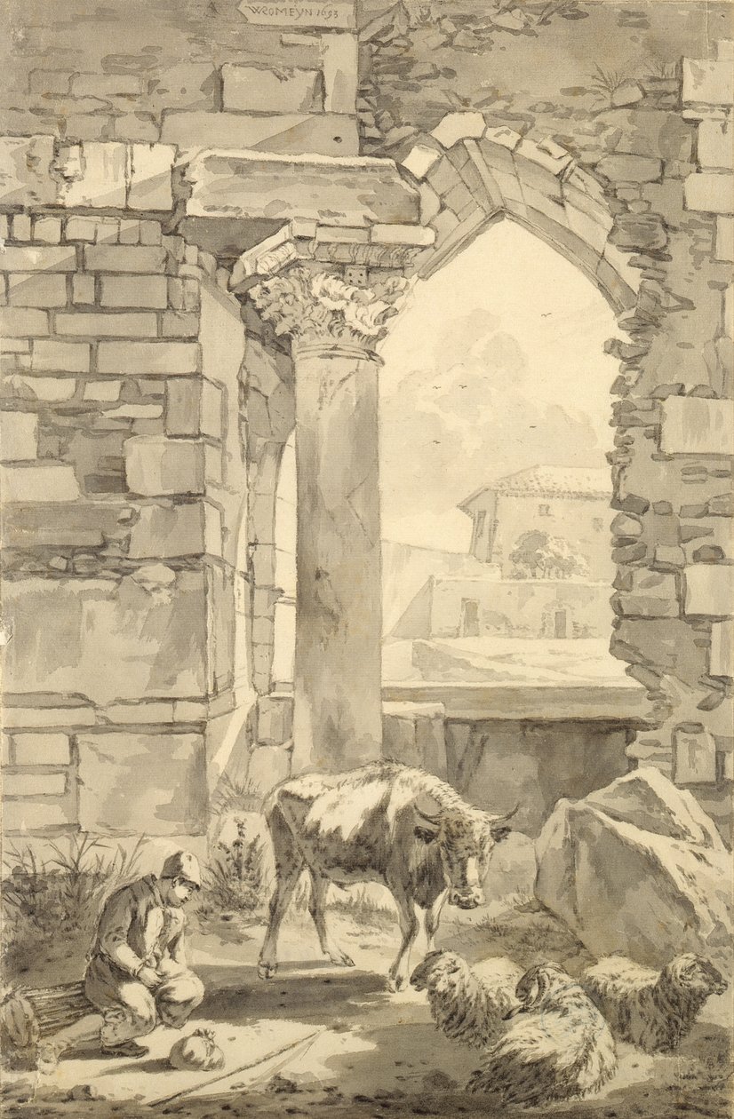 Herde med en ko och får i en ruin, 1693 (penna och grått bläck och penna på papper) av Willem Romeyn