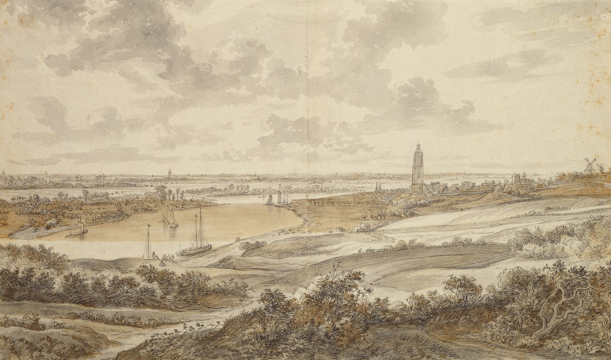Panorama med staden Rhenen (svart krita med penna och brunt bläck tvätt på papper) av Willem Schellinks