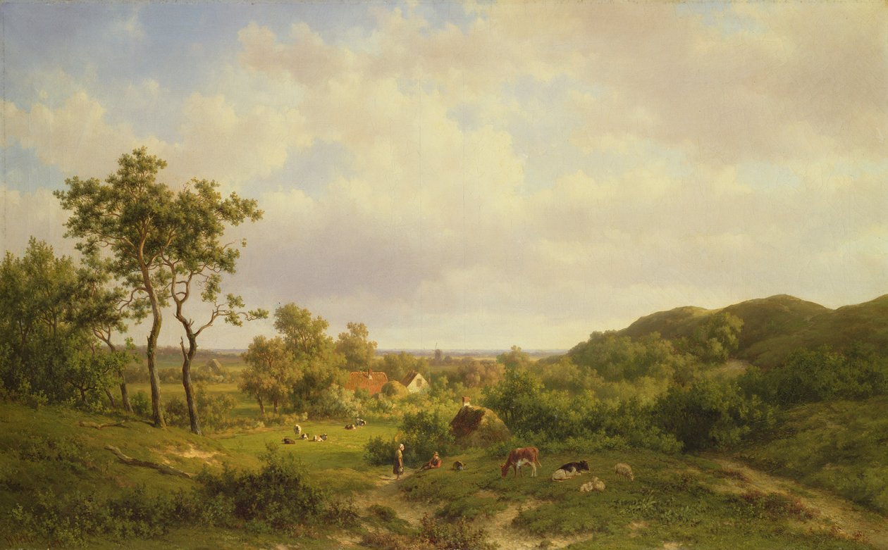 Holländskt landskap med kor och figurer, 1800-talet av Willem Vester