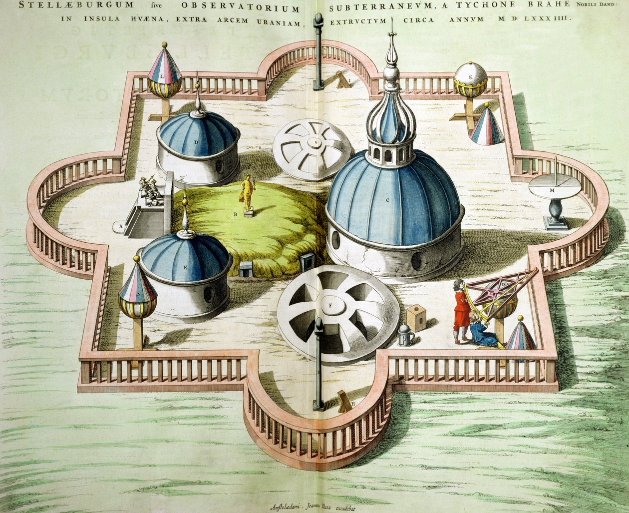 General View of Observatory of Uraniborg, byggt c.1584 av Tycho Brahe (1546-1601) på ön Hven, Danmark från 