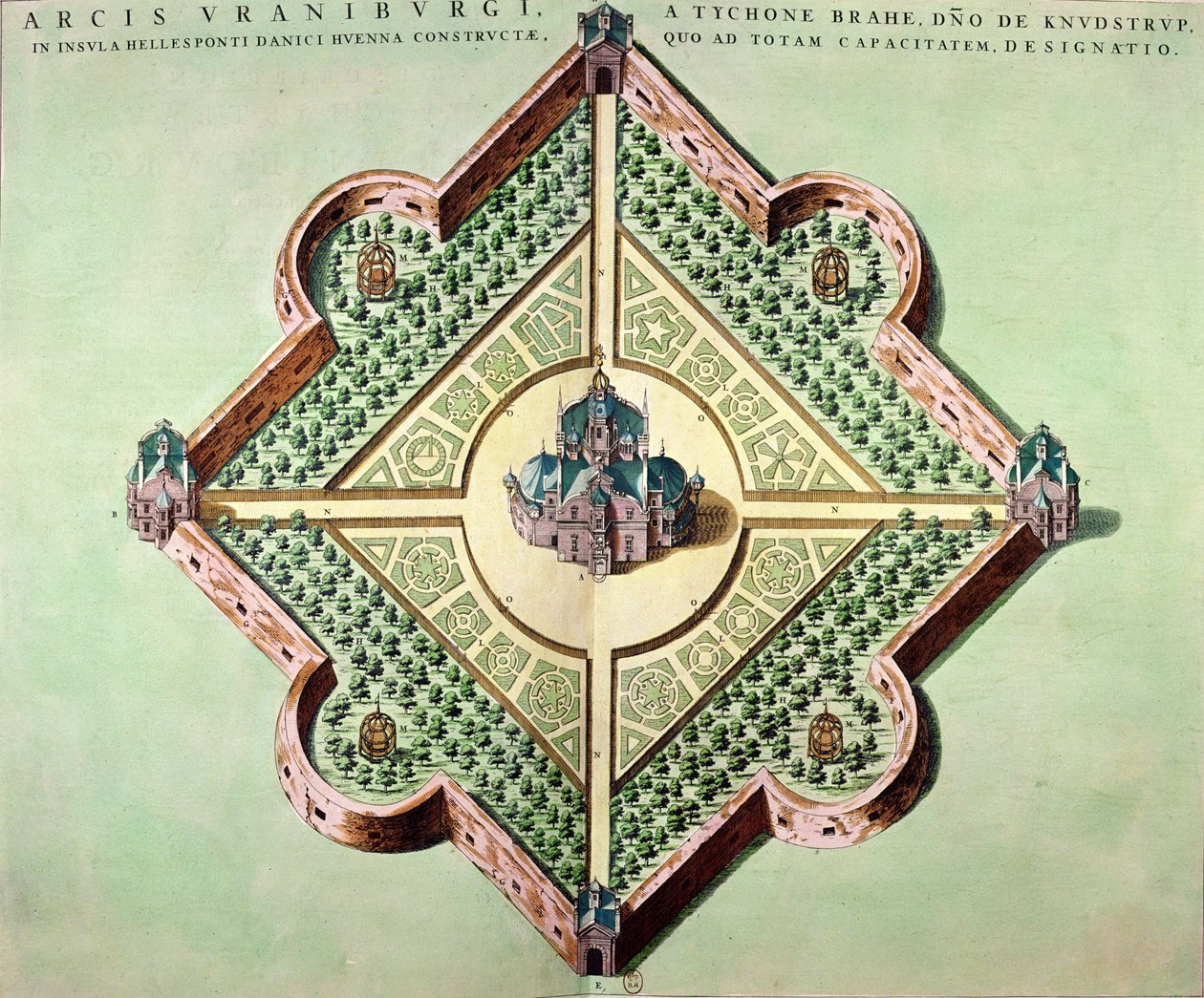 Plan över Uraniborgs slott och observatorium, som byggdes omkring 1584 av Tycho Brahe (1546-1601) på ön Hven i Danmark, från "Le Theatre du Monde" eller "Nouvel Atlas", utgiven i Amsterdam 1645. av Joan Blaeu