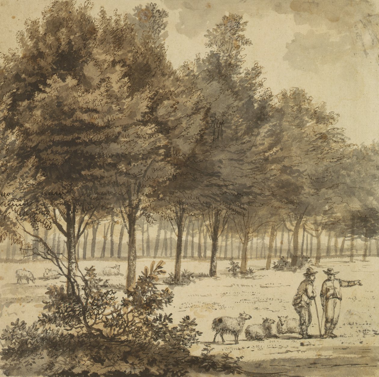 Två herdar och en aveny (penna och pensel och grått bläck på papper) av Willem de Heusch