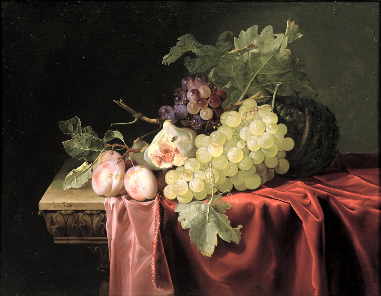 Ett stilleben med vindruvor, plommon, fikon och en melon på en delvis draperad stenkant, 1653 av Willem van Aelst
