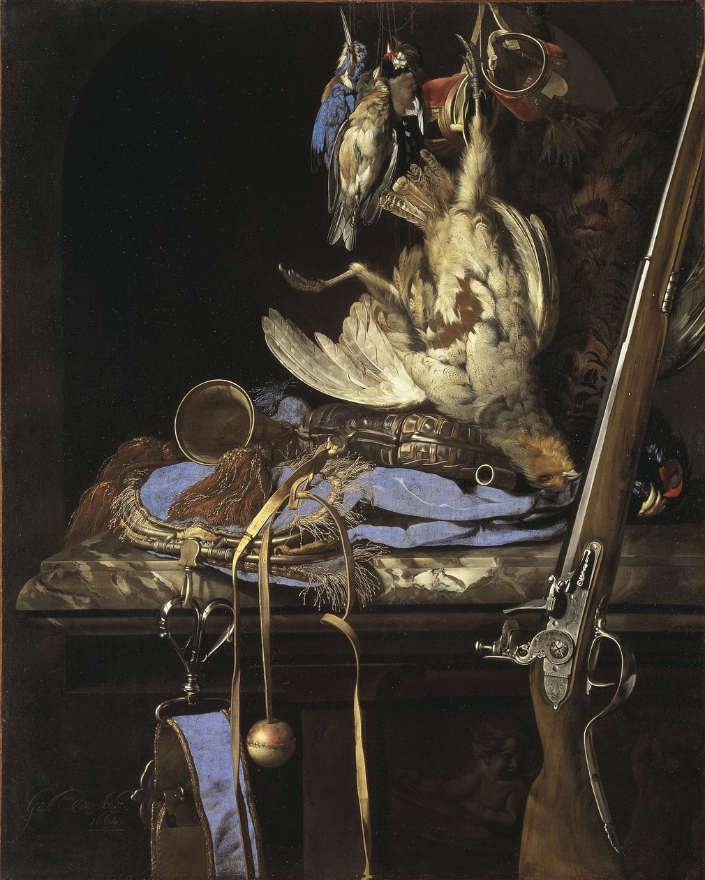 Spel med jaktutrustning i en nisch av Willem van Aelst