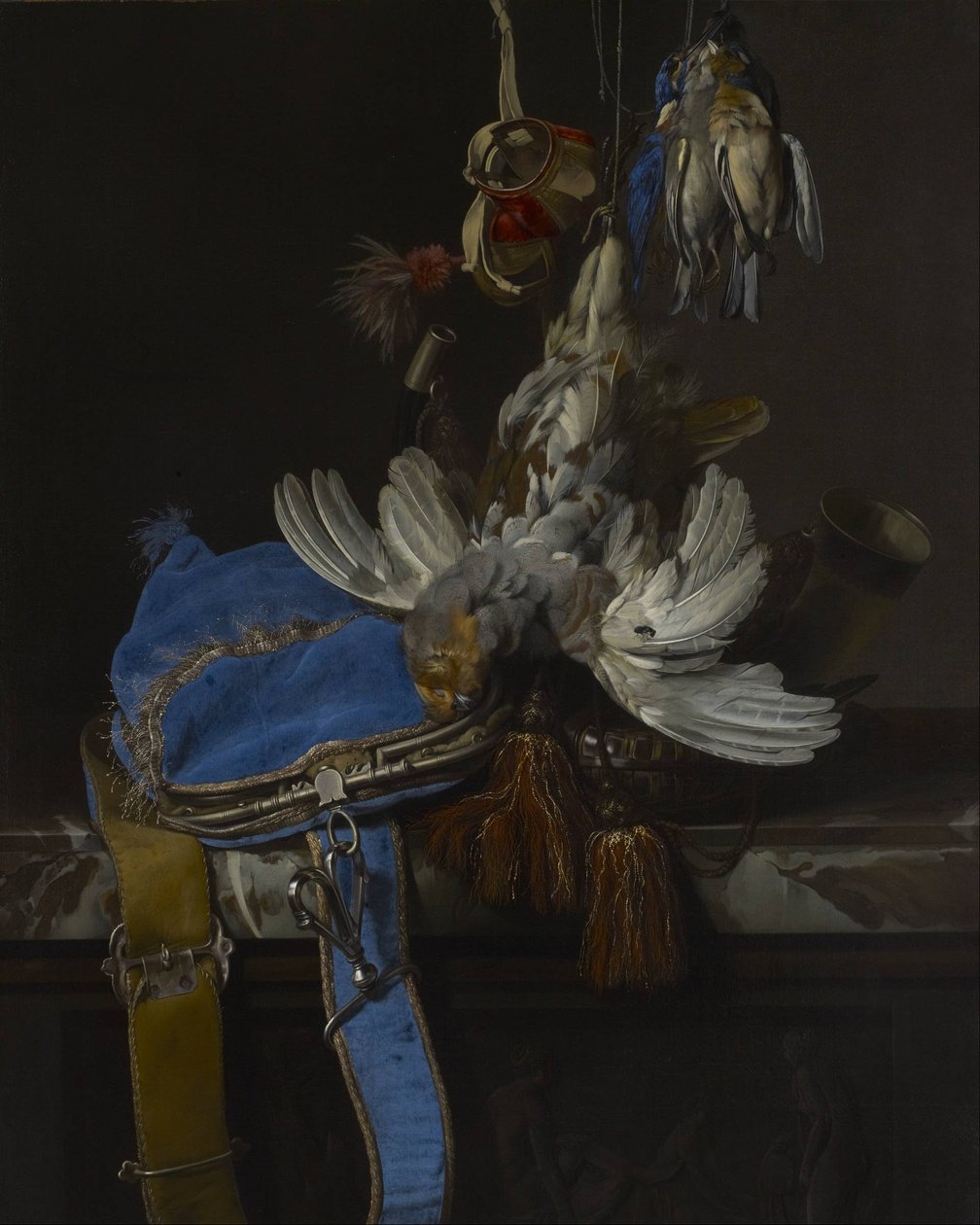 Jaga stilleben med en sammetväska på en marmoravsats av Willem van Aelst