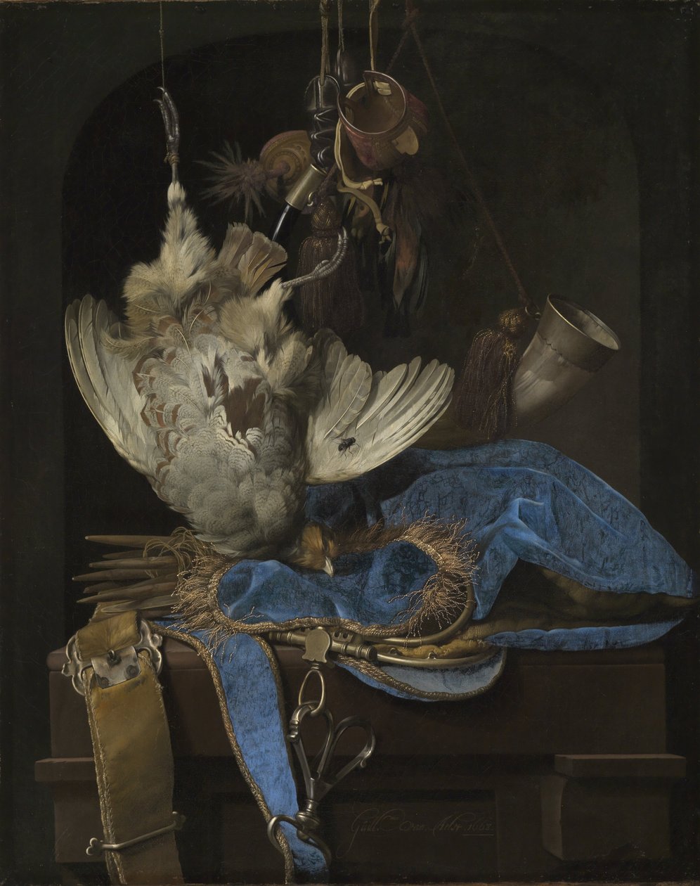 Stilleben med jaktutrustning och döda fåglar av Willem van Aelst
