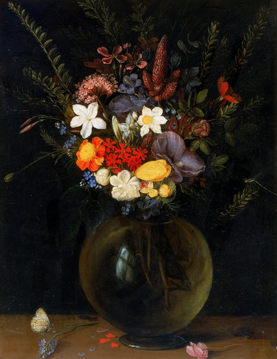 Vase af blomster frø av Willem van Aelst