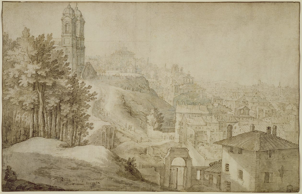 PD.516-1963 Utsikt över Trinita dei Monti, Rom, 1603 (penna och bläck med tvätt) av Willem van Nieulandt