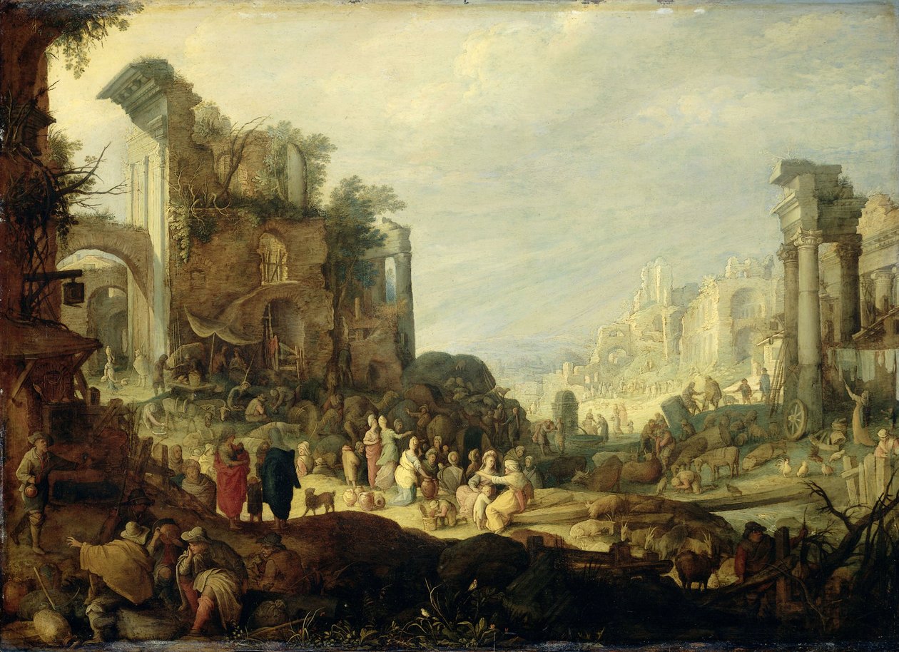 Landskap med ruiner och mötet mellan Rebecca och Eliezer av Willem van Nieulandt II