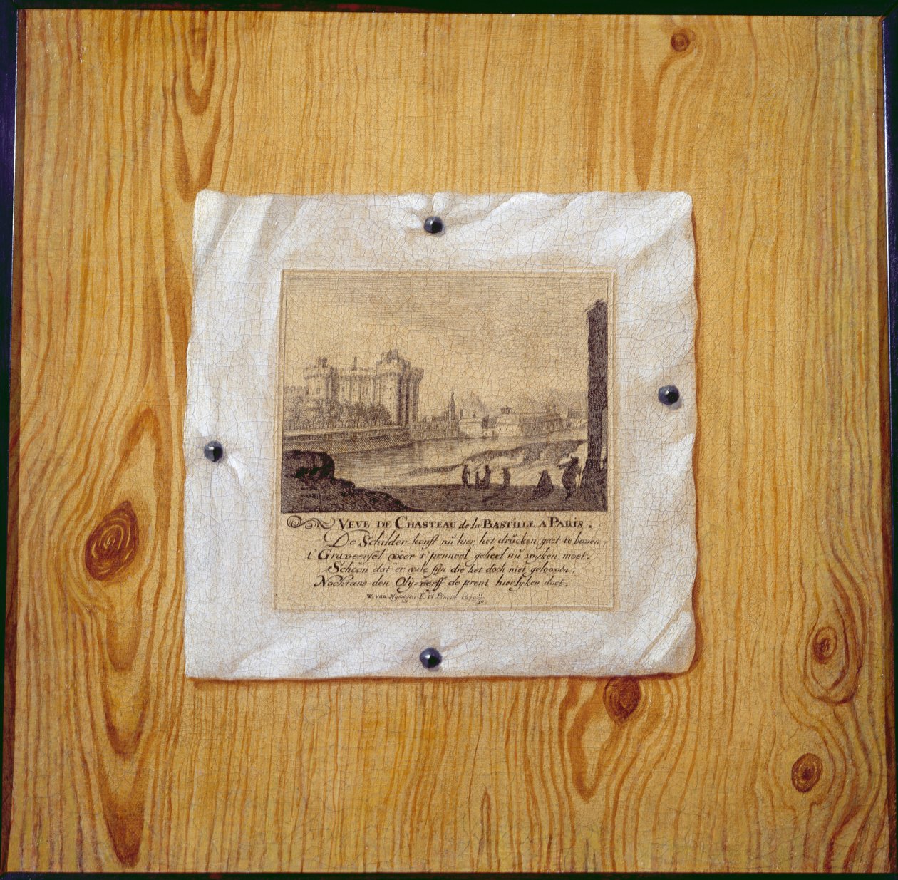 En Trompe LOeil av en gravyr av Bastiljen, Paris, spikad på en trävägg 1679 av Willem van Nijmegen