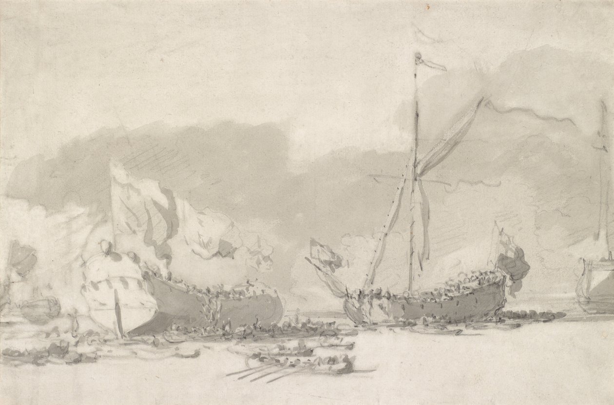 Lanseringen av ett endäcks krigsskepp med en kunglig yacht i närvaro, sent 1600-tidigt 1700-tal (svart krita & grå tvätt på lagt papper) av Willem van de Velde