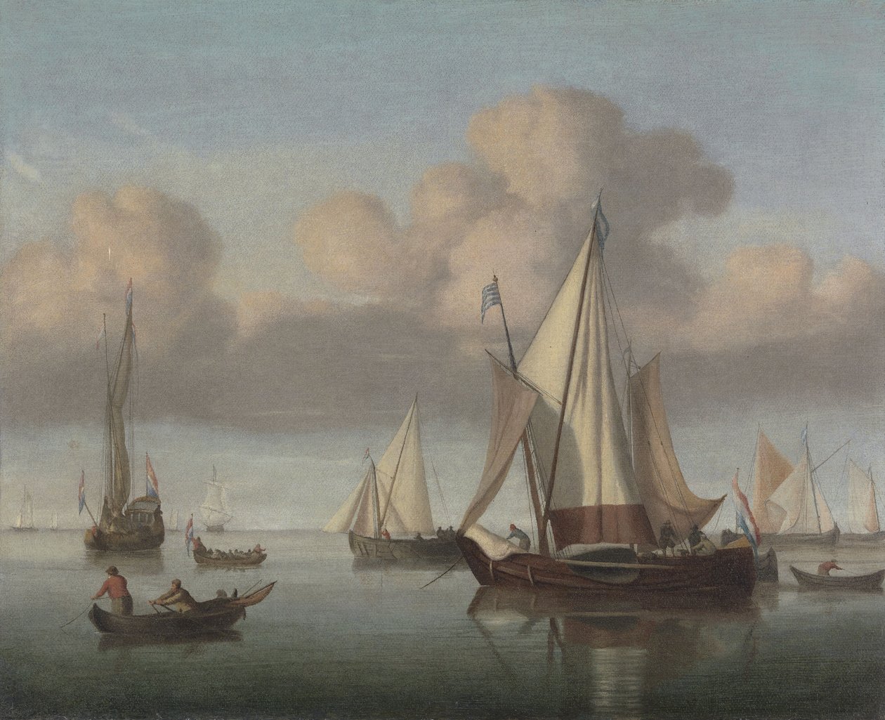 A Kaag at Anchor with Sails Hoisted and a State Yacht and Other Vessel av Willem van de Velde the Younger