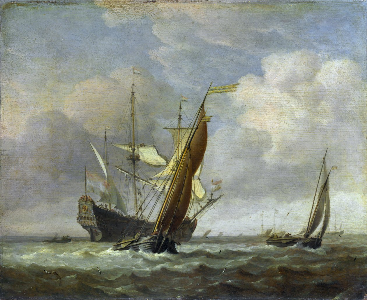 Two Small Vessels and a Dutch Man-of-War in a Breeze av Willem van de Velde the Younger