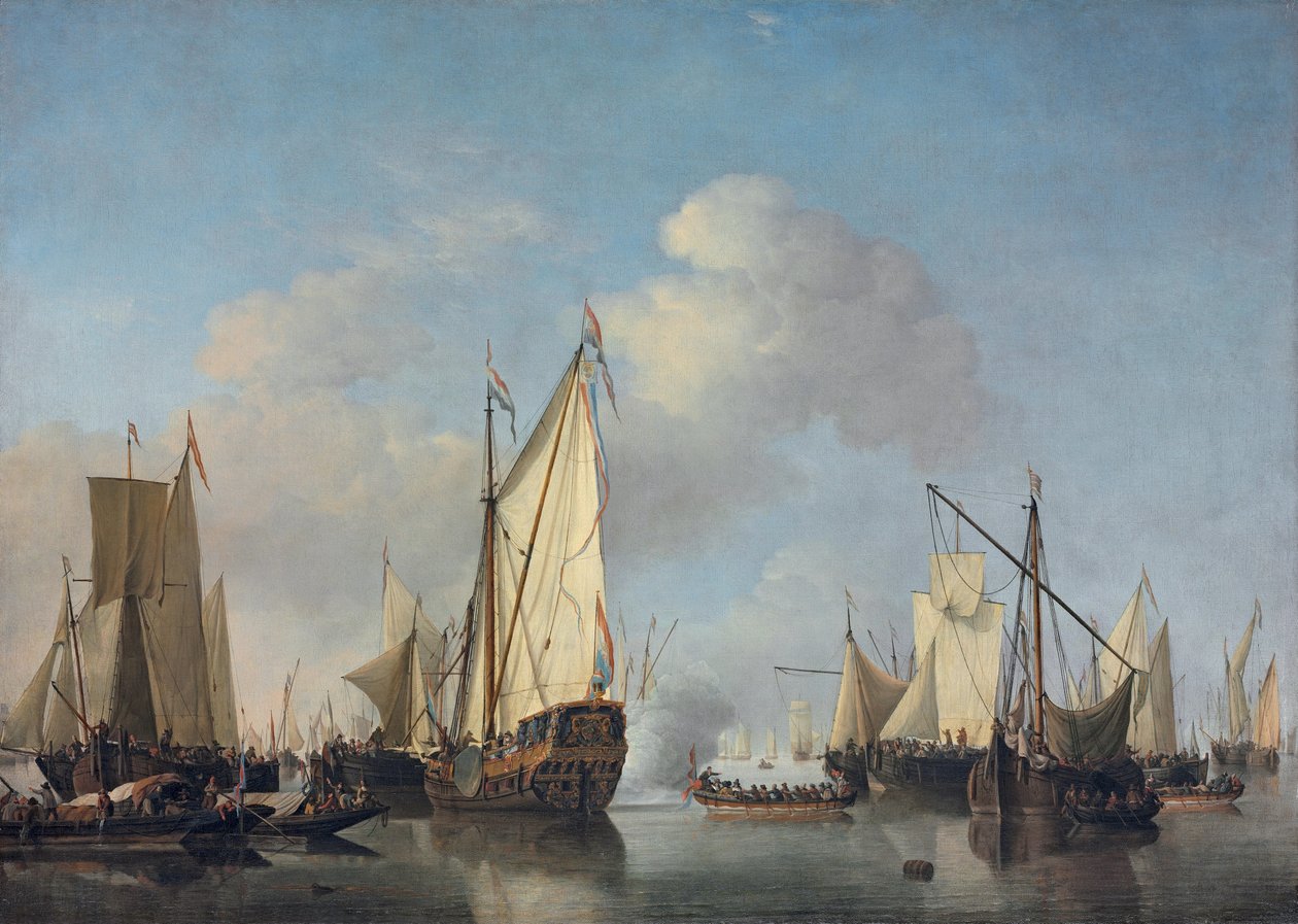A States Yacht and other vessels in a very light air av Willem van de Velde the Younger