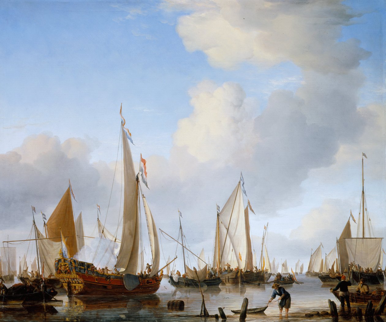 Calm- A States Yacht under Sail close to the Shore with many other Vessels av Willem van de Velde the Younger