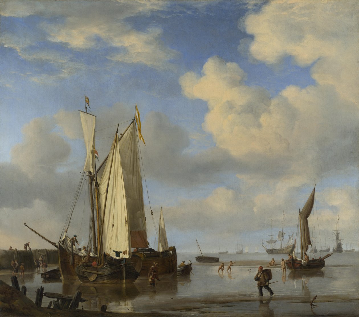 Holländska fartyg stänger Inshore vid lågvatten och män som badar av Willem van de Velde the Younger