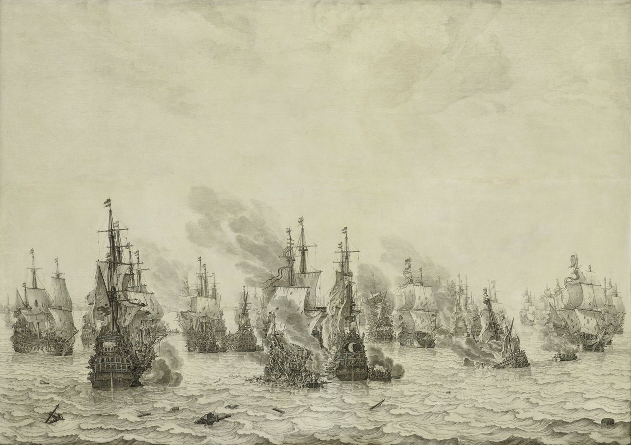 Slaget vid Livorno eller Leghorn, ca 1659-99 (pennamålning på panel) av Willem van de Velde the Elder