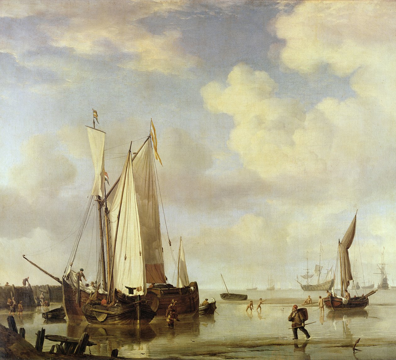 Hollandske Fartøjer Inshore og Mænd Badende, 1661 swed av Willem van de Velde the Younger