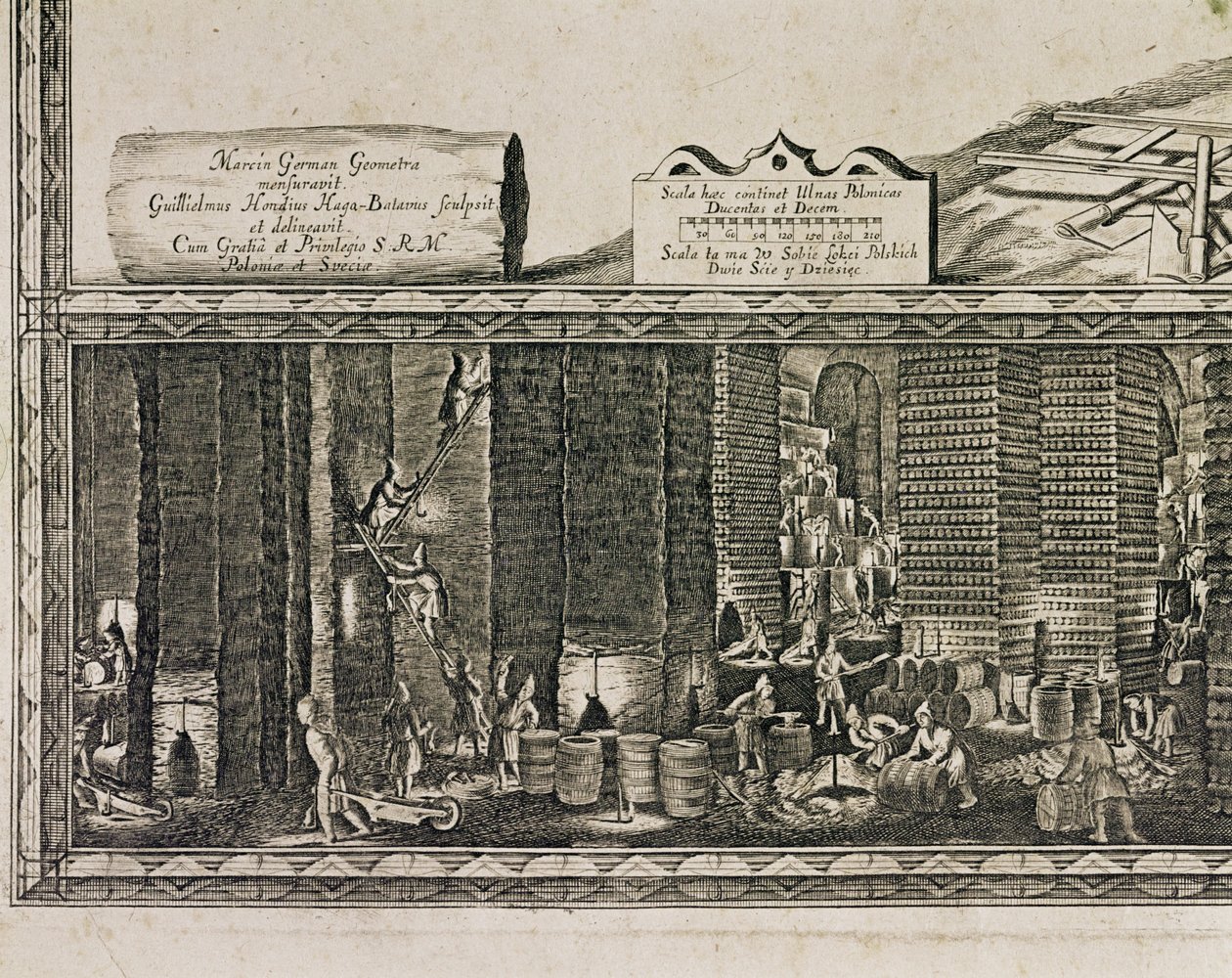 Saltgruvorna i Wieliczka nära Kraków producerade ungefär en tredjedel av de polska kungarnas inkomster ... (gravyr) av Willem (c.1597 1660) Hondius