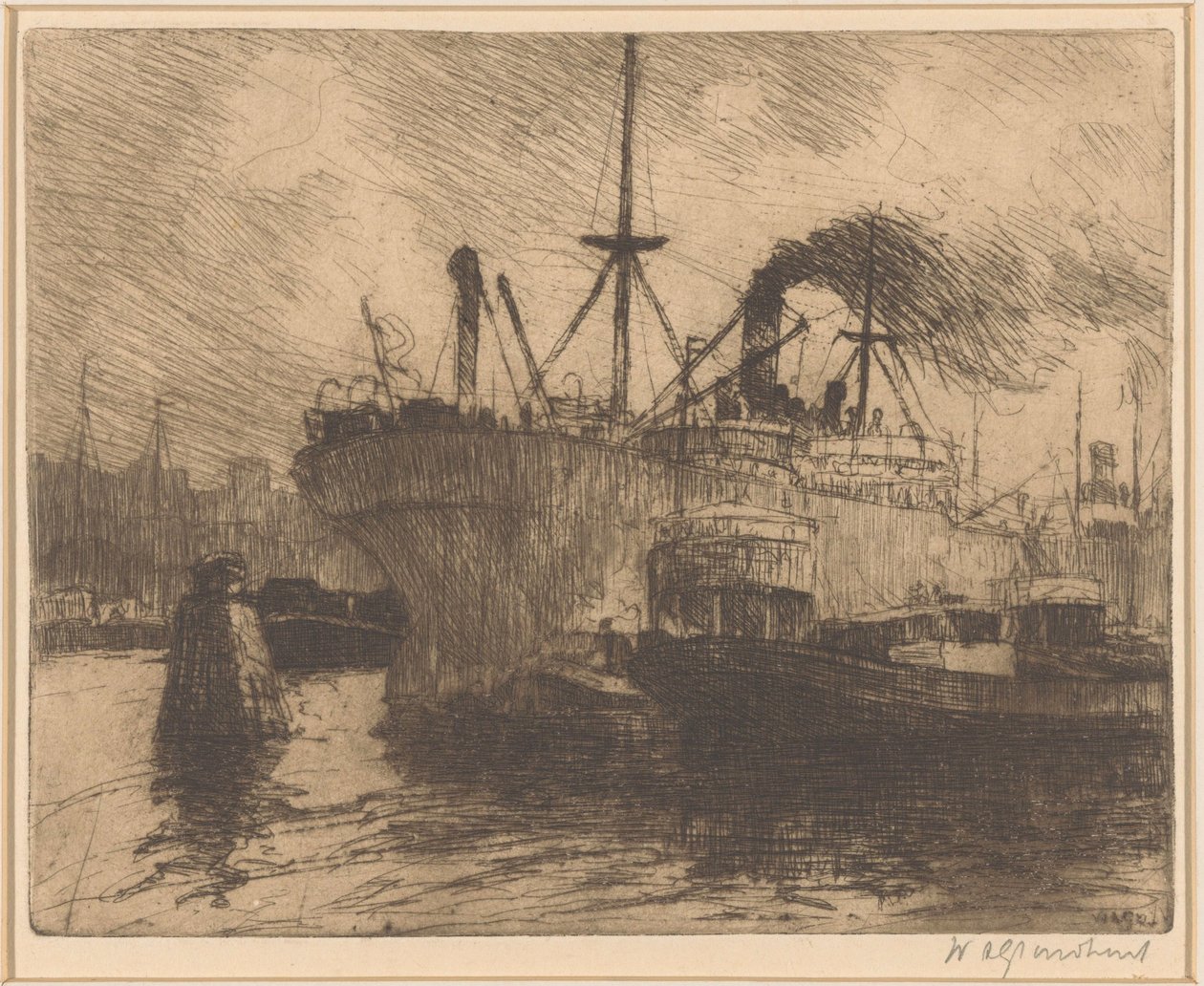 Förtöjda fartyg i hamnen i Rotterdam av Willem Adrianus Grondhout (signed by artist)