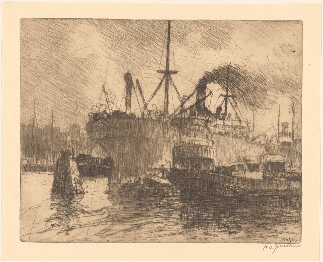 Förtöjda fartyg i hamnen i Rotterdam av Willem Adrianus Grondhout (signed by artist)