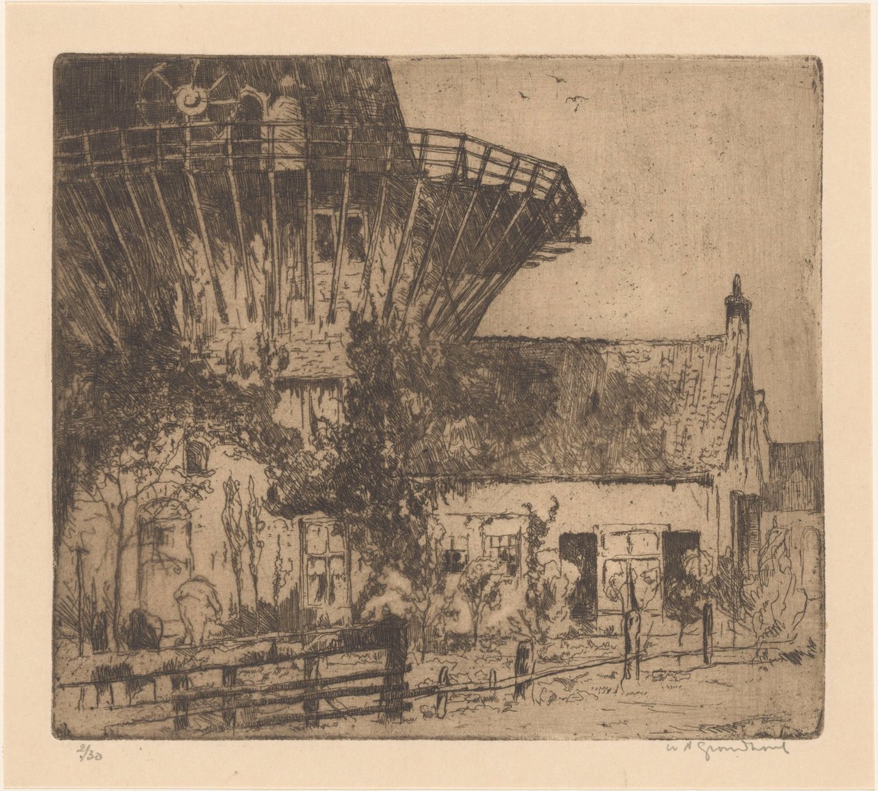 Hus vid foten av en tornkvarn i Leidschendam av Willem Adrianus Grondhout (signed by artist)