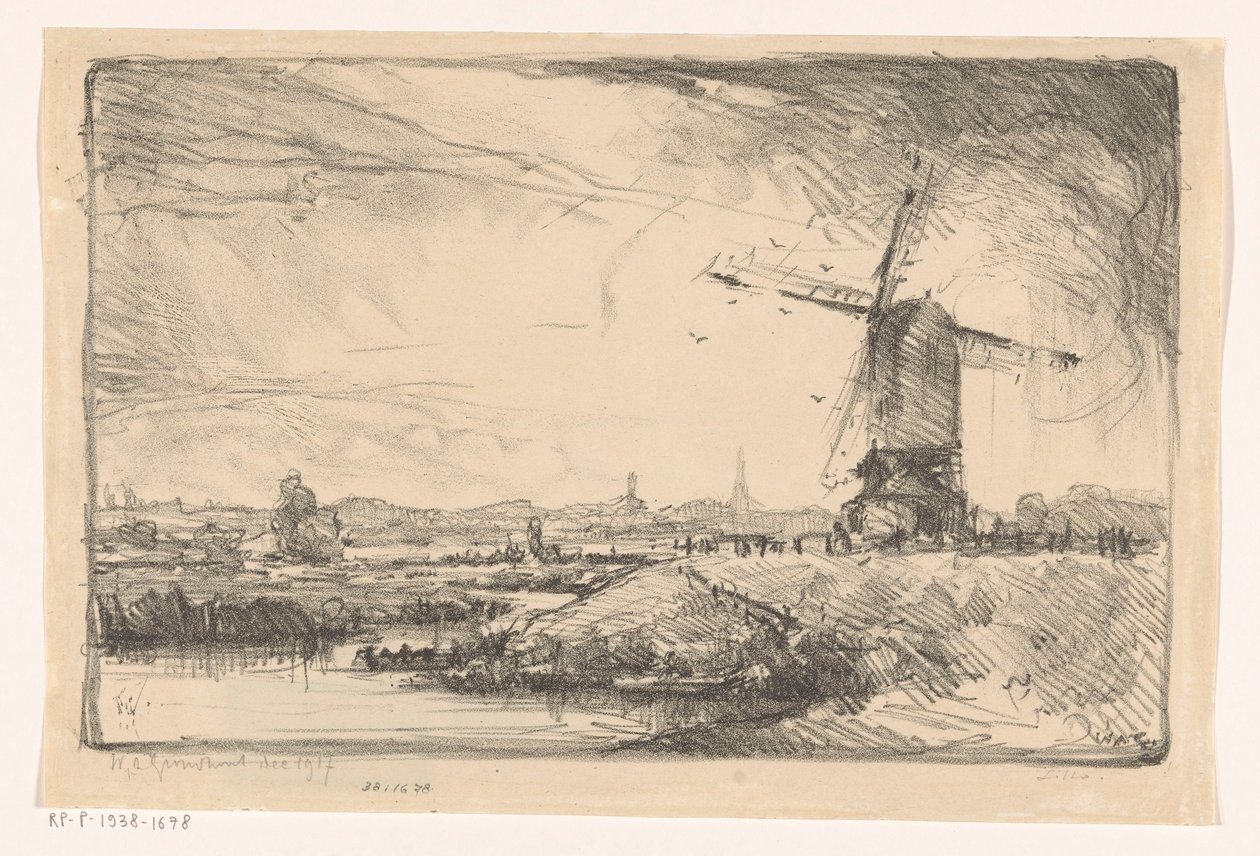 Landskap med väderkvarn nära Leiden av Willem Adrianus Grondhout (signed by artist)