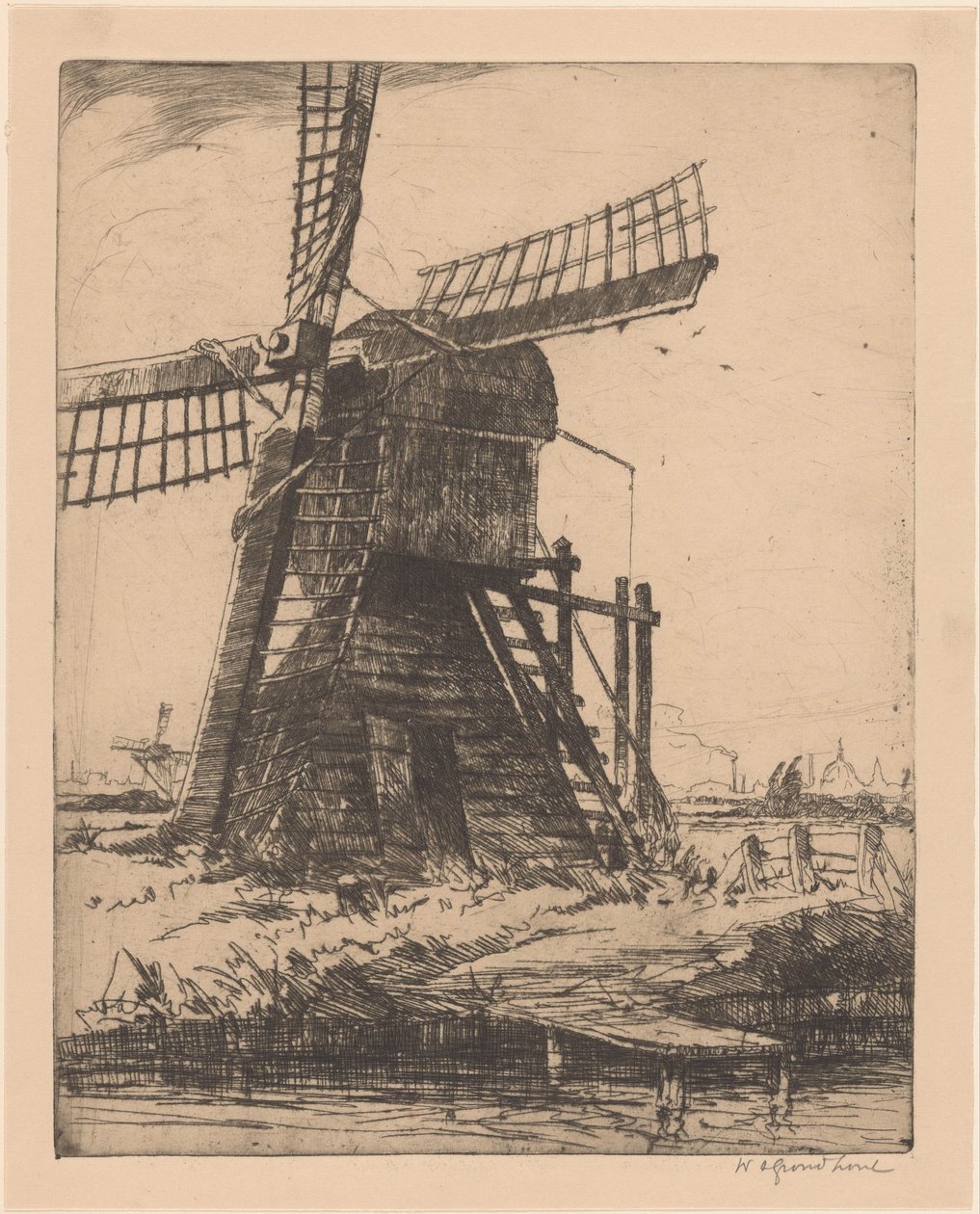 Väderkvarn på vattnet nära Leiden av Willem Adrianus Grondhout (signed by artist)