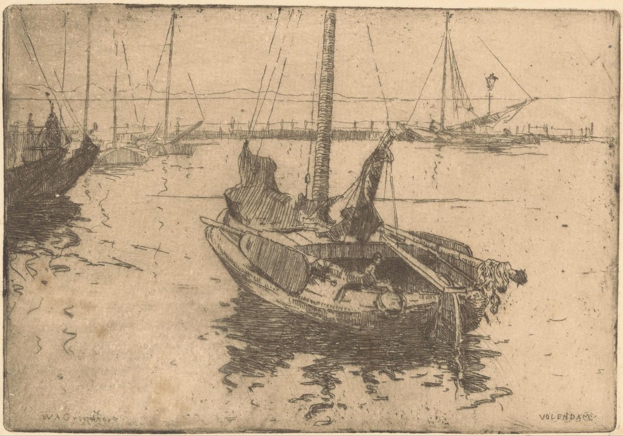 Pråmar i hamnen i Volendam av Willem Adrianus Grondhout (signed by artist)