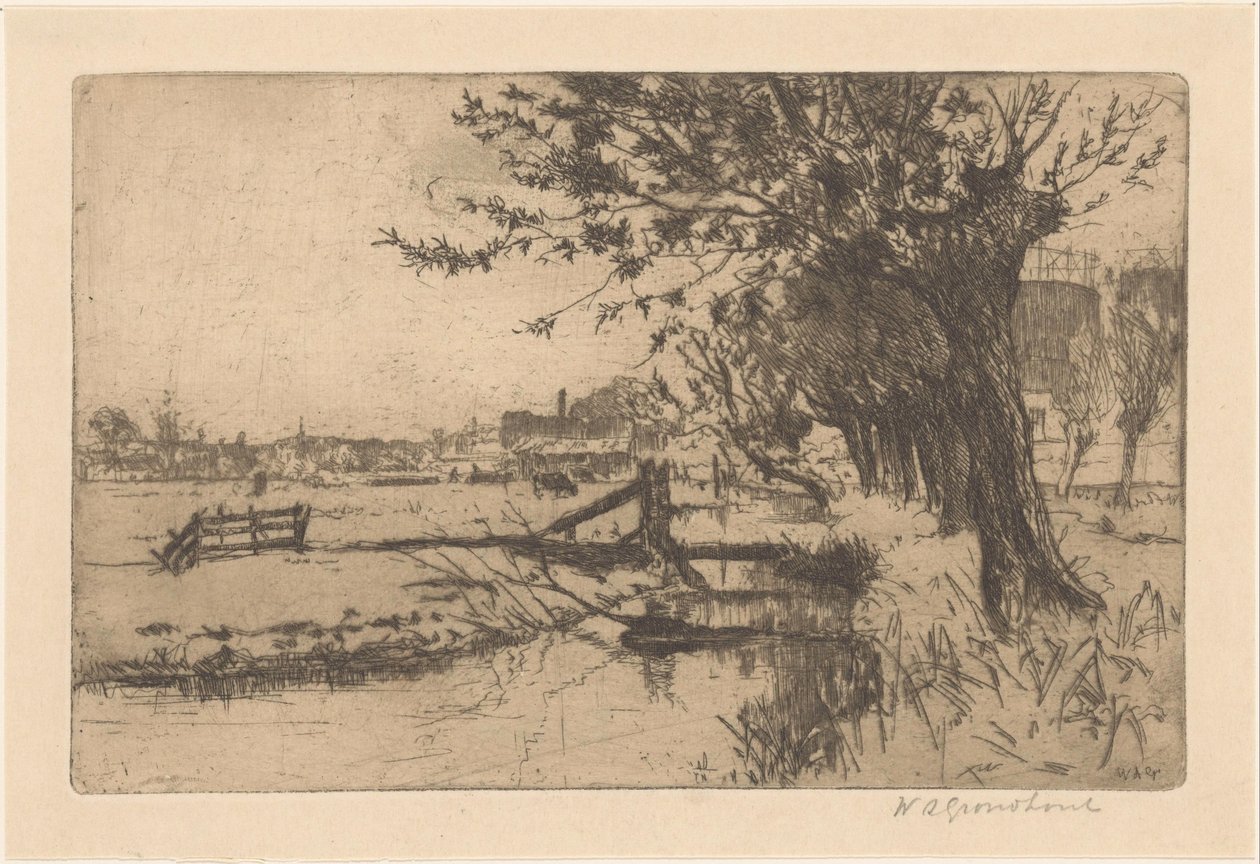 Dike vid den kommunala gasfabriken i Binckhorst i Haag av Willem Adrianus Grondhout (signed by artist)