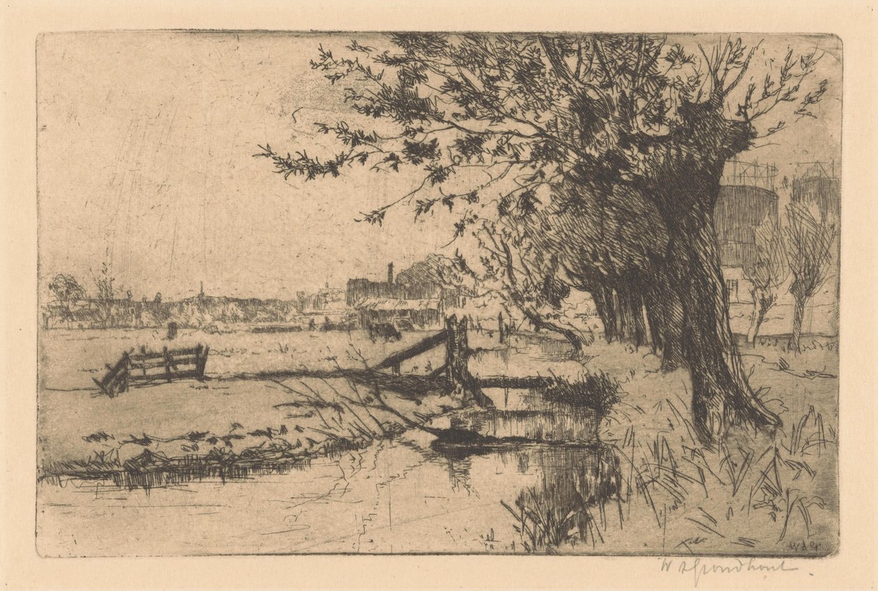 Dike vid den kommunala gasfabriken i Binckhorst i Haag av Willem Adrianus Grondhout (signed by artist)