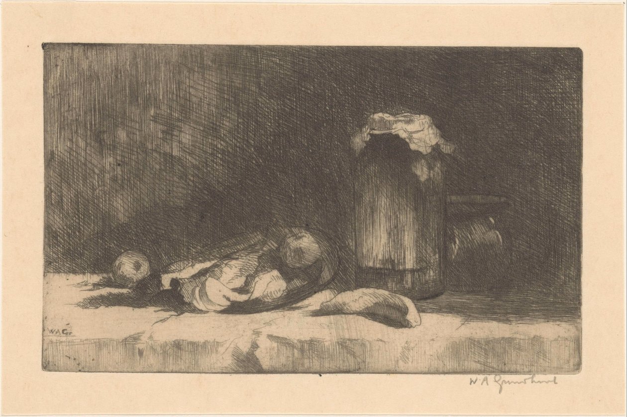 Stilleben med frukt och konserveringsflaska av Willem Adrianus Grondhout (signed by artist)