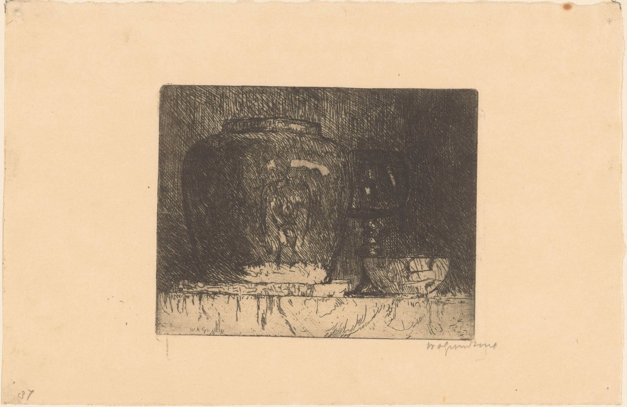 Stilleben med ingefärsburk, vinglas och skål av Willem Adrianus Grondhout (signed by artist)