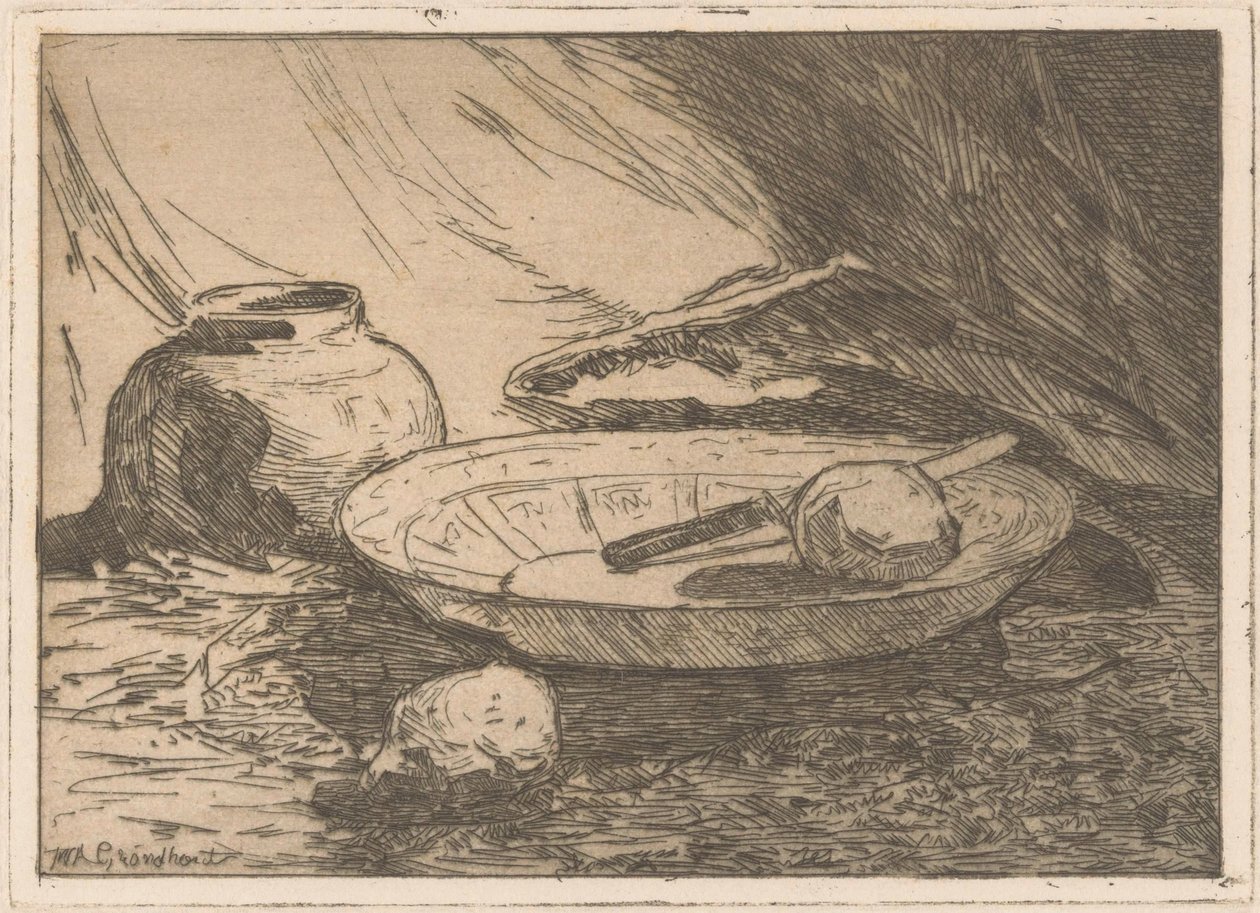 Stilleben med gryta och skål av Willem Adrianus Grondhout (signed by artist)