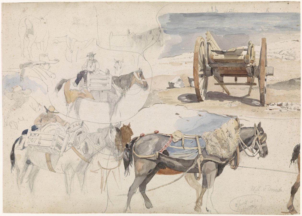 Studieblad med skalvagn på stranden och olika studier av hästar av Willem Anthonie van Deventer