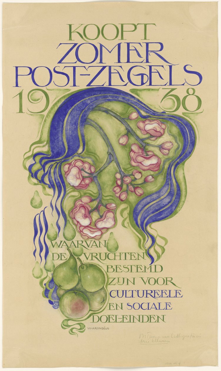 Design för en affisch för försäljning av sommarfrimärken för år 1938 av Willem Arondéus (signed by artist)