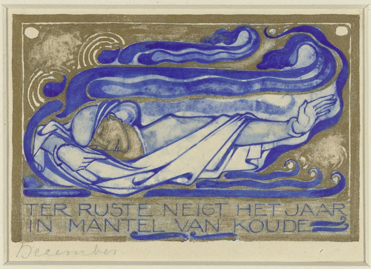 I vila tenderar året i kyla, december (titel på objekt) Designkalenderblad för Nederlandsch Kunstverbond Calendar 1930 (serietitel) av Willem Arondéus